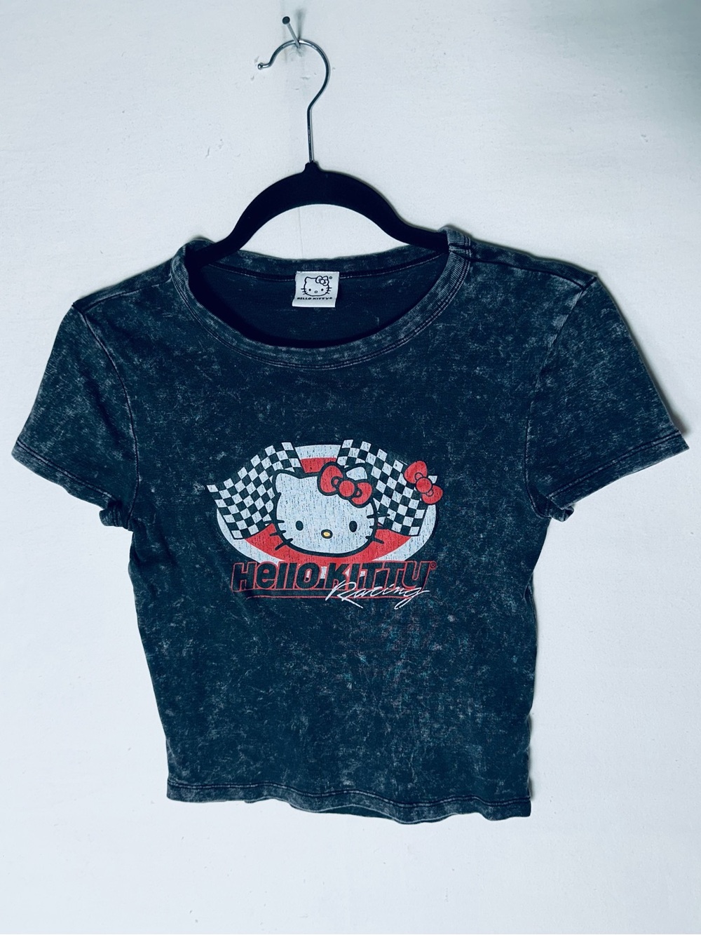 Hello Kitty Racing Graphic Tee Crop Top M Acid Wash Slashed Back Baby Tee